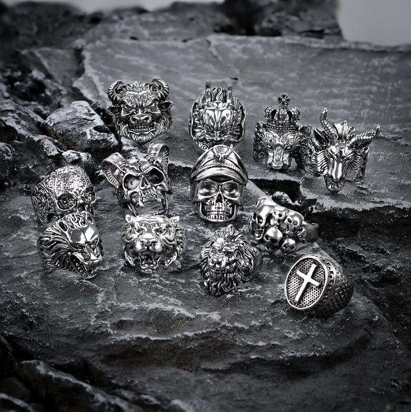MollyQueen 12 Pieces Vintage Punk Rings Set, Stainless Steel Gothic Biker Adjustable Rings Skeleton Skull Tiger Ring Drgon Lion Head Ring - Image 2